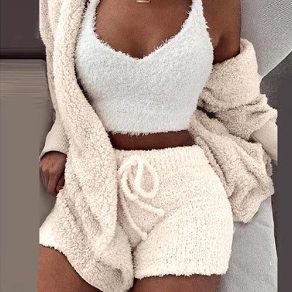 3 Pieces Suit Pajamas Set Women'S Velvet Crop Top+Short Pants+Coat Warm Soft Fleece Homewear Sleepwear Autumn Winter Cozy Set