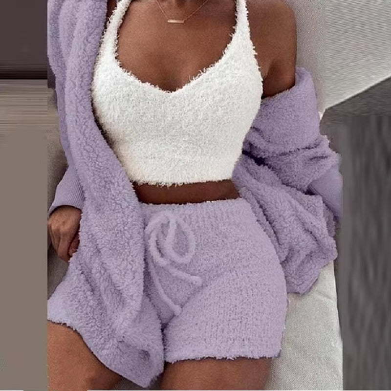 3 Pieces Suit Pajamas Set Women'S Velvet Crop Top+Short Pants+Coat Warm Soft Fleece Homewear Sleepwear Autumn Winter Cozy Set