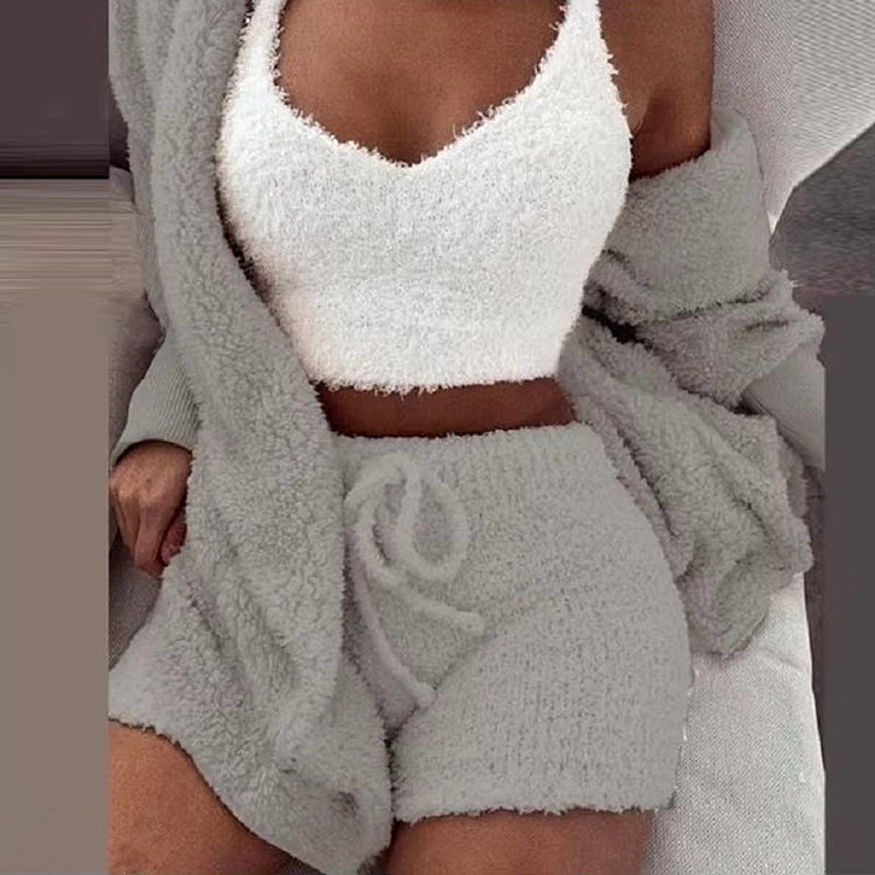 3 Pieces Suit Pajamas Set Women'S Velvet Crop Top+Short Pants+Coat Warm Soft Fleece Homewear Sleepwear Autumn Winter Cozy Set