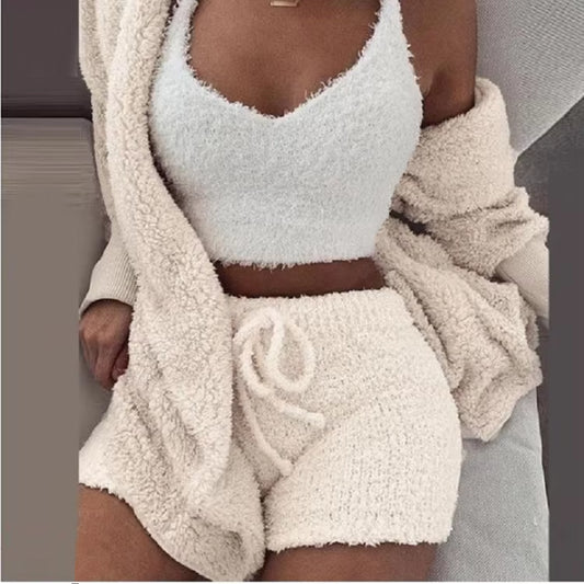 3 Pieces Suit Pajamas Set Women'S Velvet Crop Top+Short Pants+Coat Warm Soft Fleece Homewear Sleepwear Autumn Winter Cozy Set