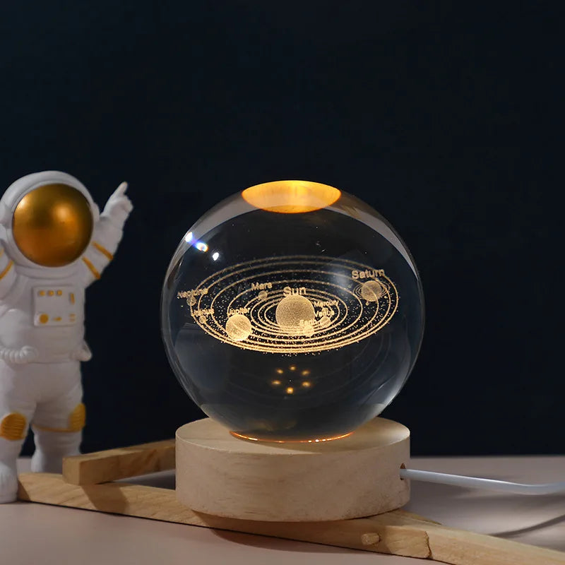 6/8Cm Crystal Ball Crystal Astronaut Planet Globe 3D Laser Engraved Solar System Ball LED Light Base Astronomy Gift Home Decor