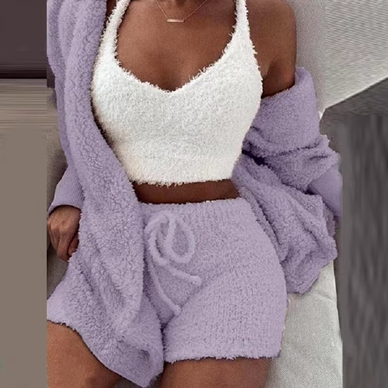 3 Pieces Suit Pajamas Set Women'S Velvet Crop Top+Short Pants+Coat Warm Soft Fleece Homewear Sleepwear Autumn Winter Cozy Set