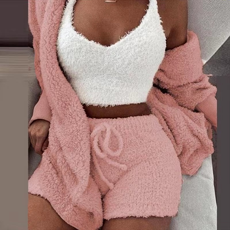 3 Pieces Suit Pajamas Set Women'S Velvet Crop Top+Short Pants+Coat Warm Soft Fleece Homewear Sleepwear Autumn Winter Cozy Set