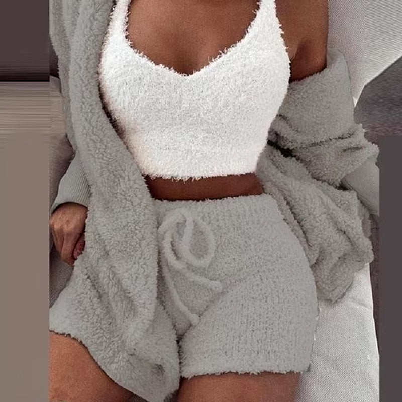 3 Pieces Suit Pajamas Set Women'S Velvet Crop Top+Short Pants+Coat Warm Soft Fleece Homewear Sleepwear Autumn Winter Cozy Set